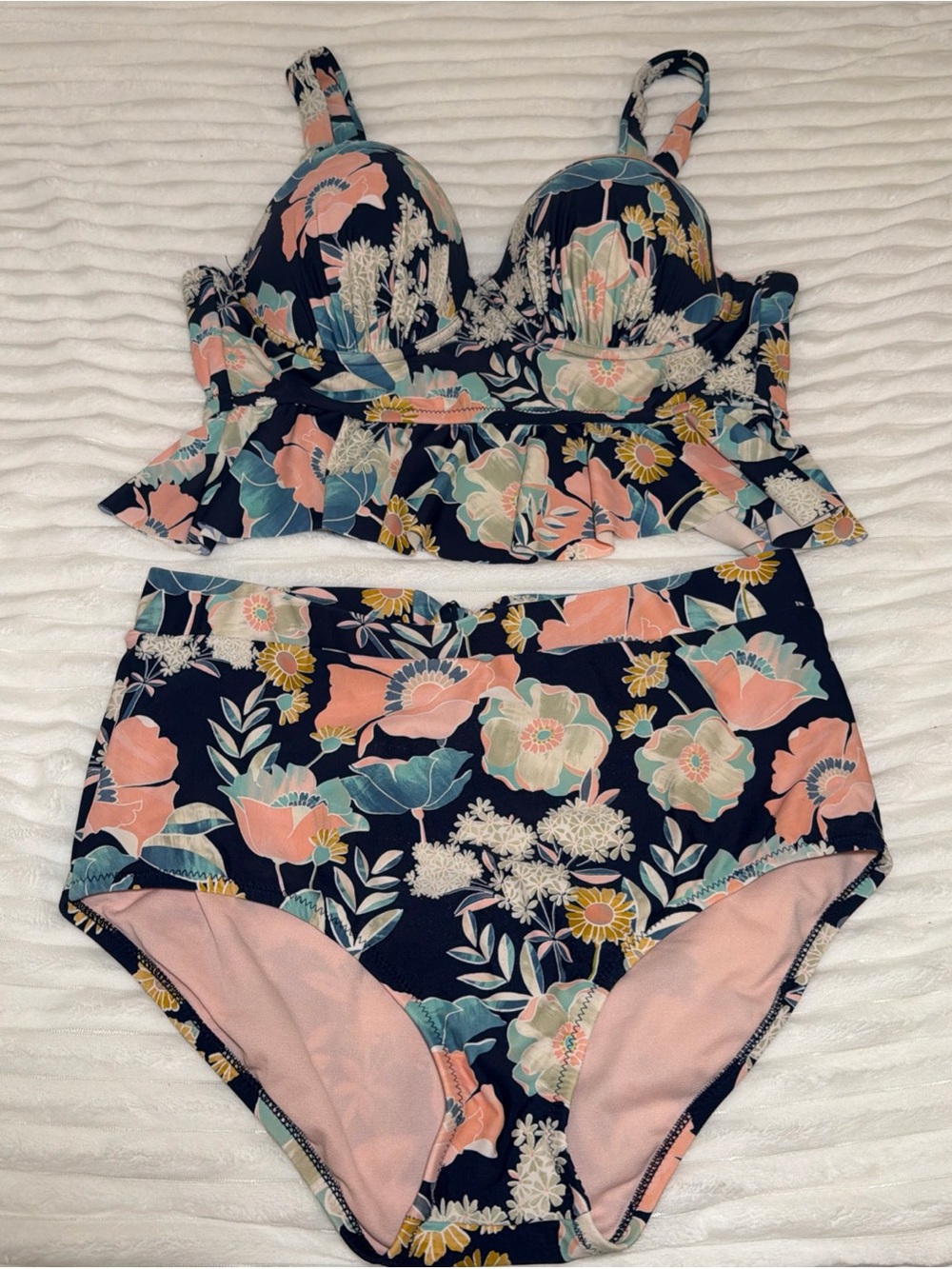 Raisins Navy Floral Ruffle High-Waist Bikini